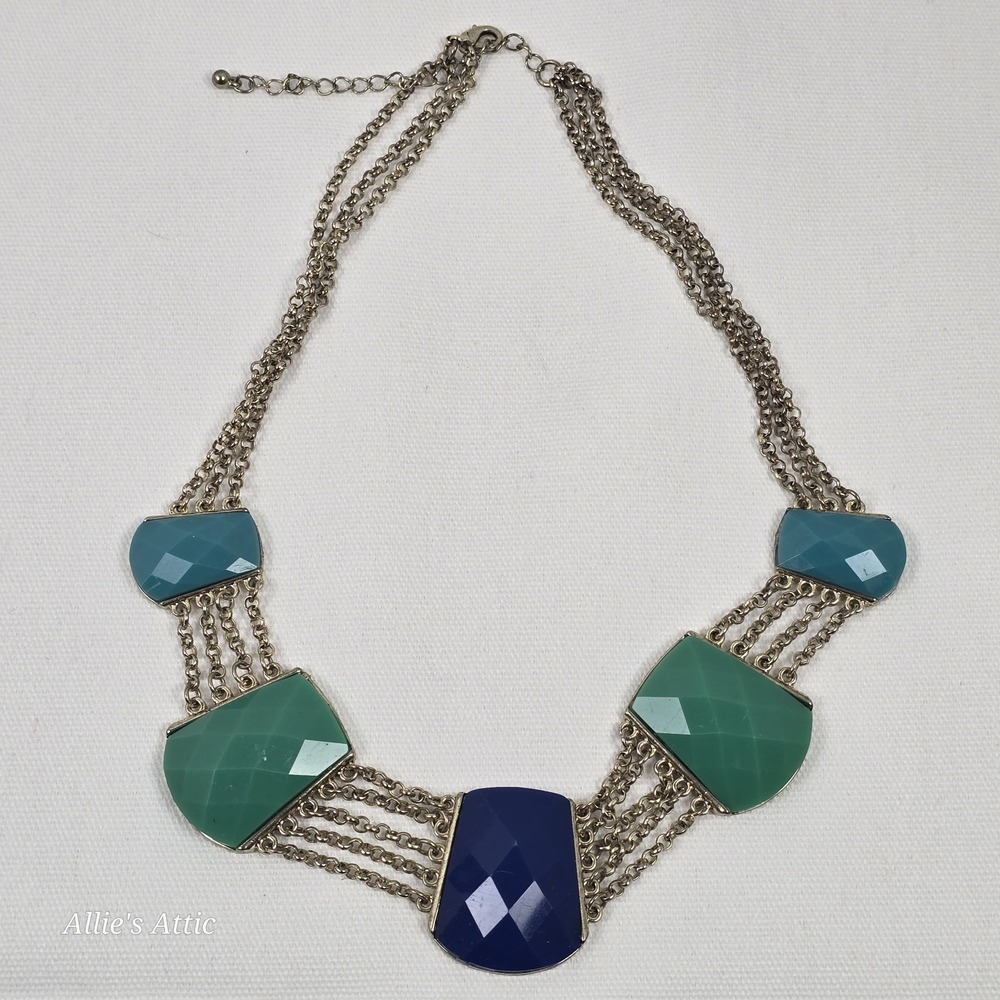 Statement Necklace Pendant Boho Bib Artsy Blue Green Chunky Vintage Gold Tone